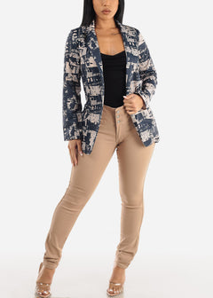 Formal Open Front Long Sleeve Printed Blazer Navy & Taupe