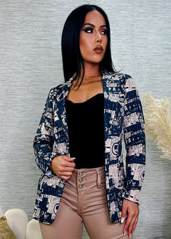 Formal Open Front Long Sleeve Printed Blazer Navy & Taupe
