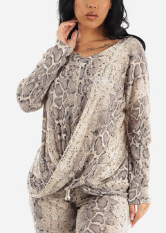 Long Sleeve Twist Front Snake Print Tunic Top