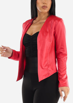 Red Faux Leather Long Sleeve Open Blazer
