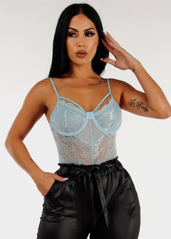 Strappy Floral Lace Thong Bodysuit Light Blue