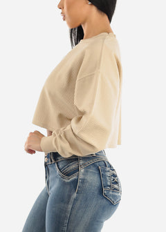 Ribbed Long Sleeve Cropped Pullover Beige