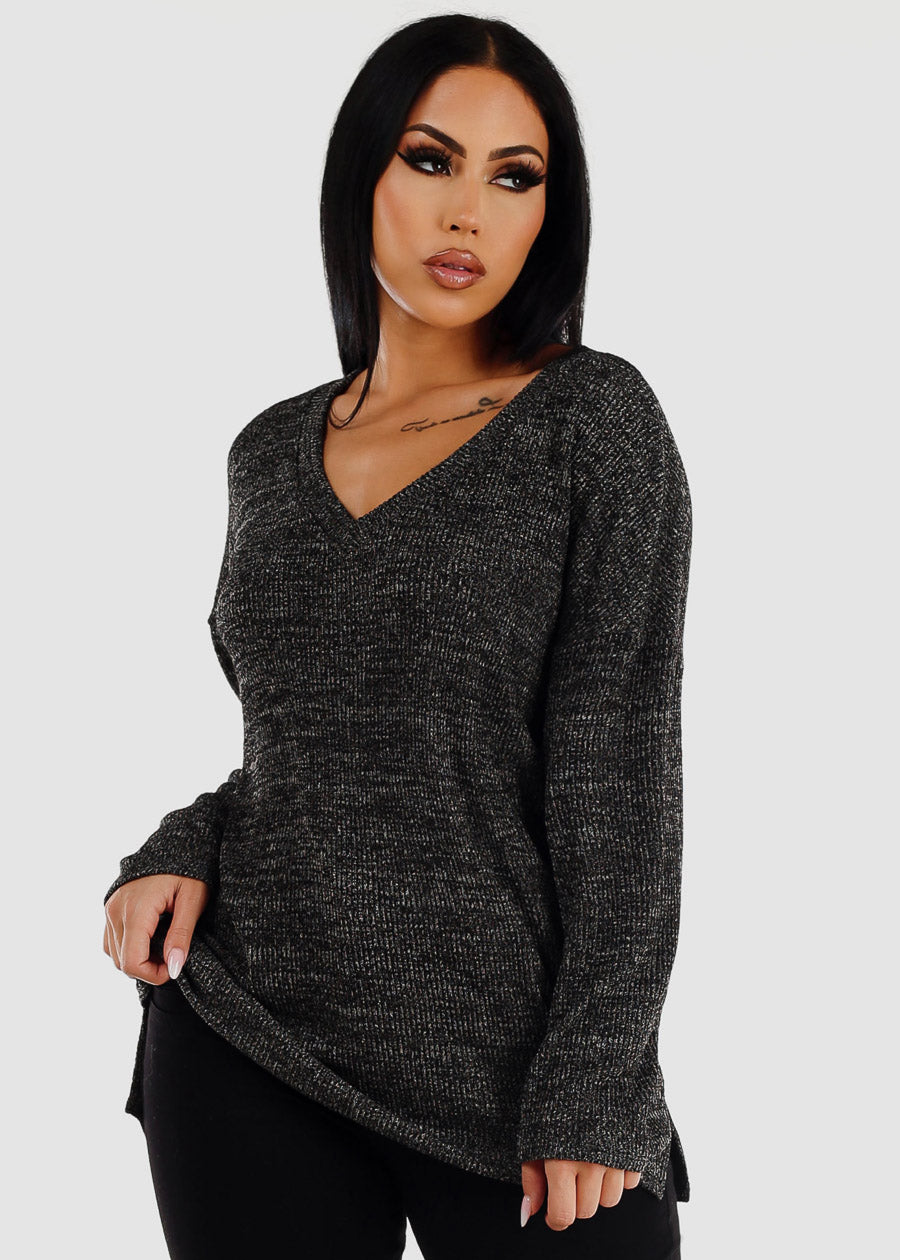 Black Knitted Vneck Tunic Sweater Top