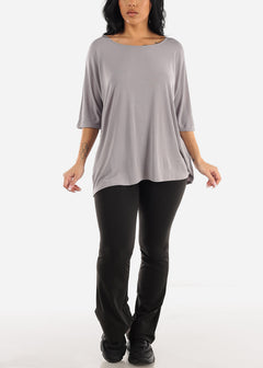 Casual Short Dolman Sleeve Tunic Top Grey w Back Ruched Detail