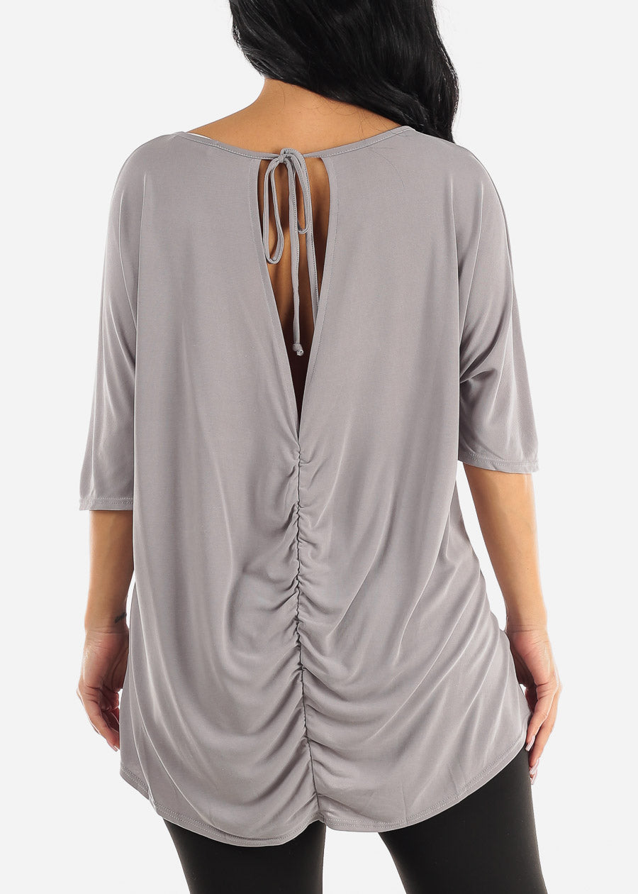 Casual Short Dolman Sleeve Tunic Top Grey w Back Ruched Detail