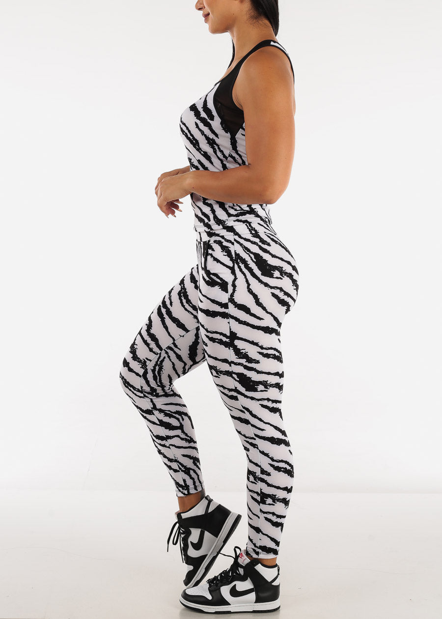 Activewear Sleeveless Tank Top & Leggings White Zebra Print (2 PCE SET)