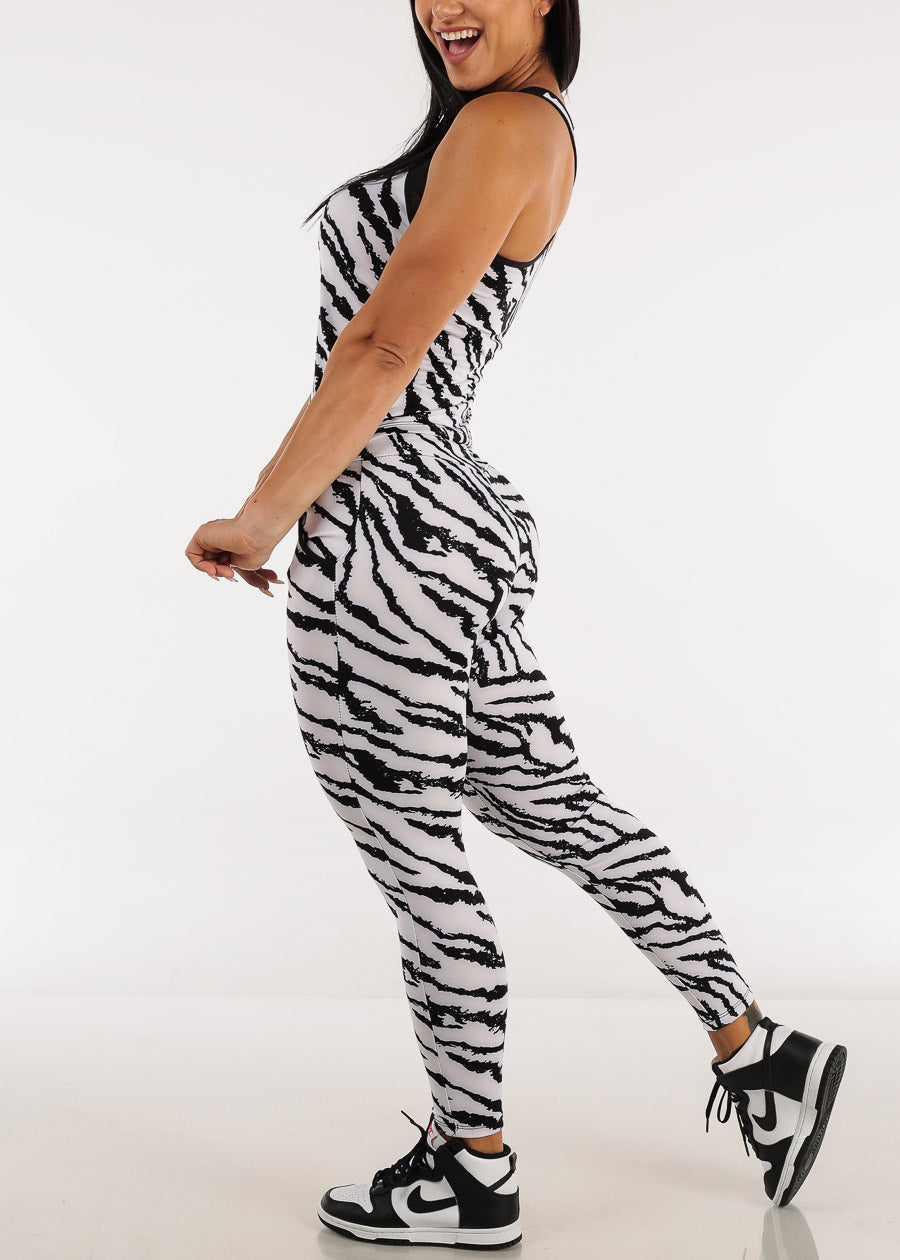 Activewear Sleeveless Tank Top & Leggings White Zebra Print (2 PCE SET)