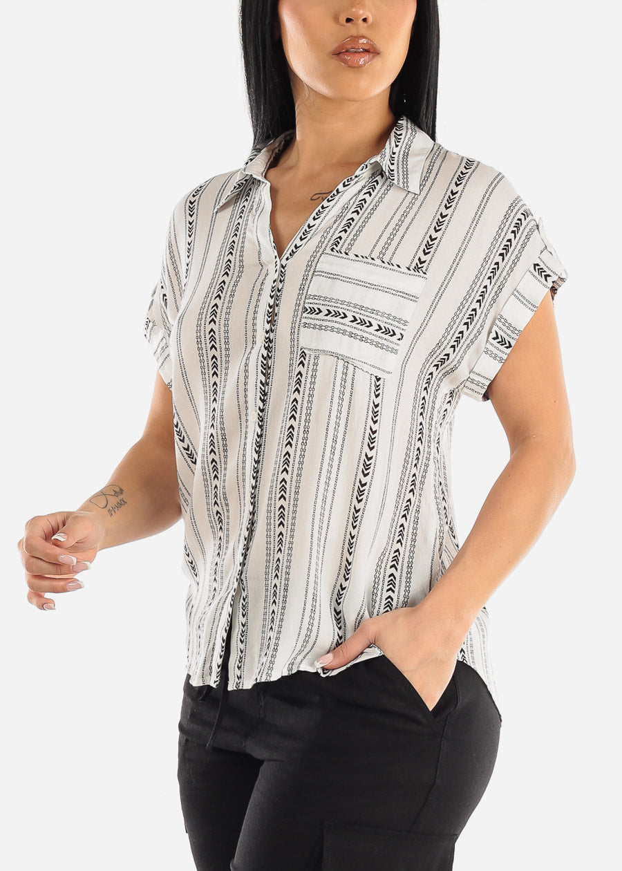 Stripe Short Cap Sleeve Button Up Shirt Ivory & Black