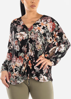 Ruched Front Long Sleeve Floral Tunic Top