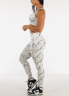 White Printed High Rise Leggings with Matching Sports Bra (2 PCE SET)