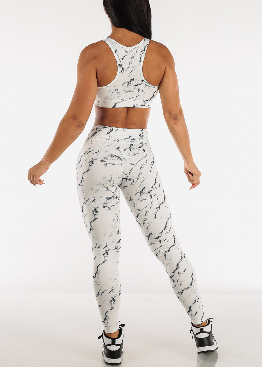 White Printed High Rise Leggings with Matching Sports Bra (2 PCE SET)