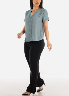 Short Sleeve Vneck Woven Top Teal w Lace Trim