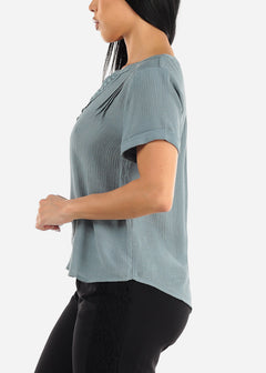 Short Sleeve Vneck Woven Top Teal w Lace Trim