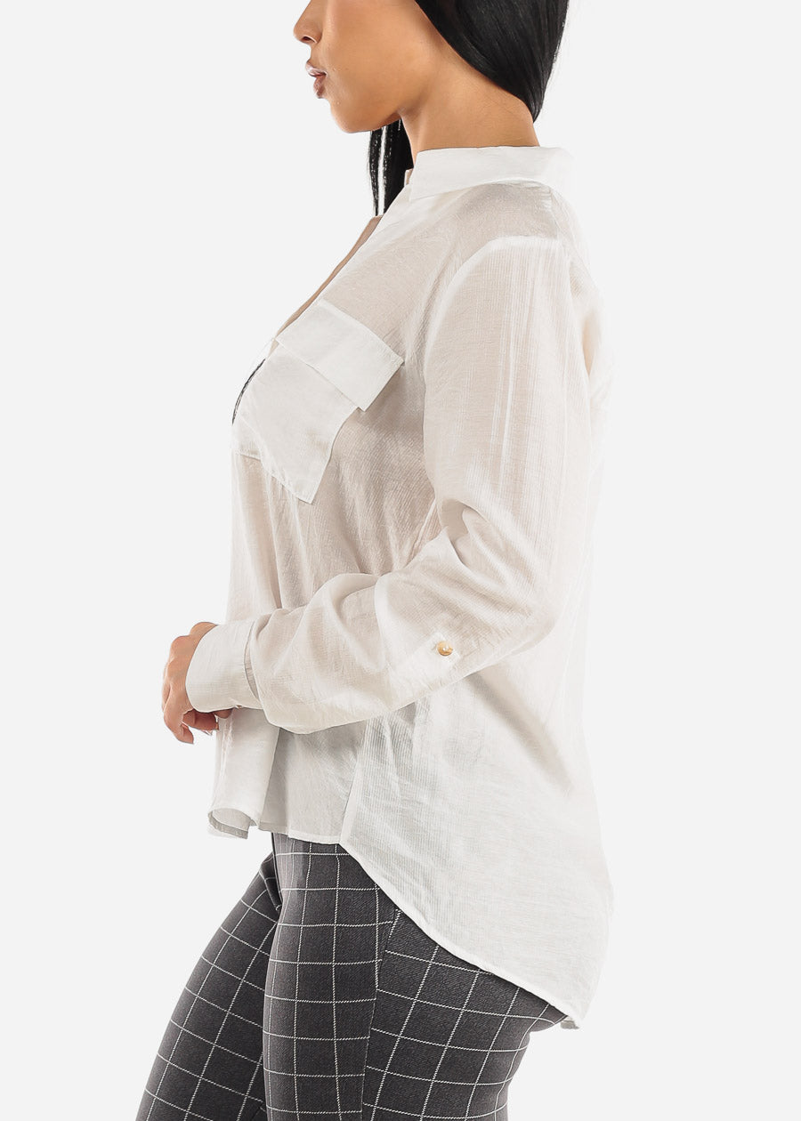 White V Neck Long Sleeve Loose Collared Shirt