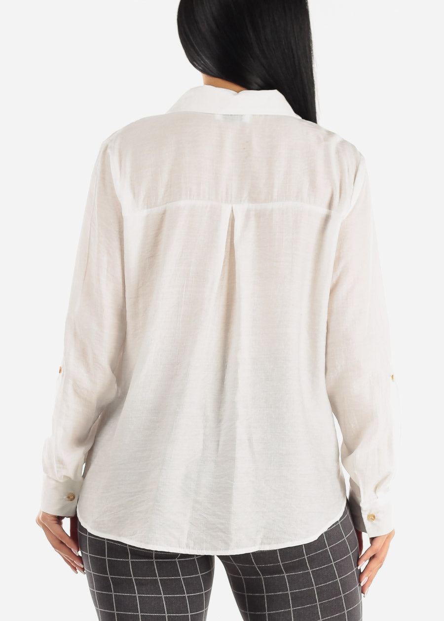 White V Neck Long Sleeve Loose Collared Shirt