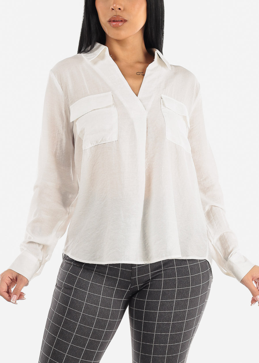 White V Neck Long Sleeve Loose Collared Shirt