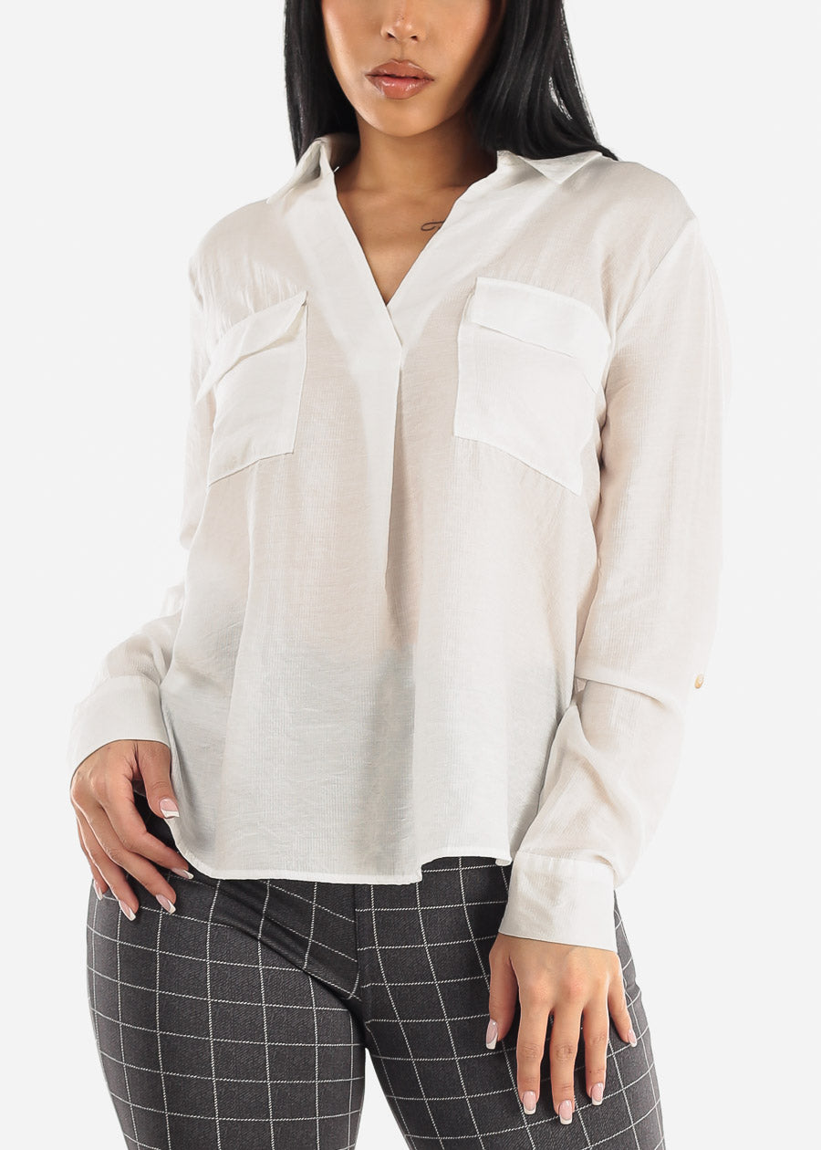 White V Neck Long Sleeve Loose Collared Shirt