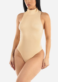Sleeveless Ribbed Mock Neck Thong Bodysuit Nude