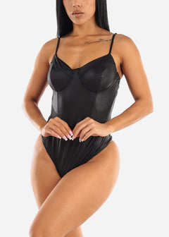 Sexy Black Vegan Leather Thong Bodysuit
