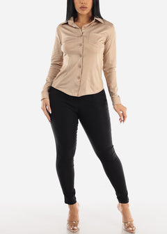 Long Sleeve Faux Leather Button Up Collared Blouse Taupe