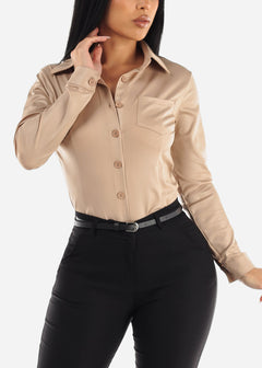 Long Sleeve Faux Leather Button Up Collared Blouse Taupe