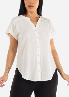 White Short Sleeve Round Hem Button Up Woven Blouse