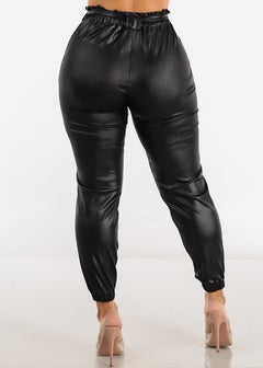 Black High Waist Faux Leather Paperbag Jogger Pants
