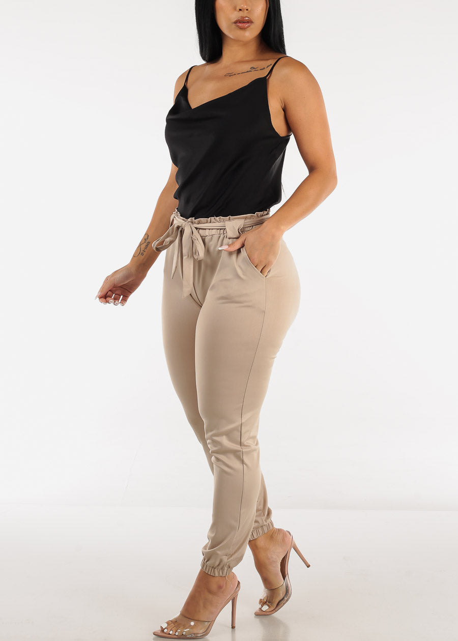 High Waist Faux Leather Paperbag Jogger Pants Taupe