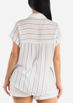 Short Sleeve Button Up Stripe Shirt White & Blue