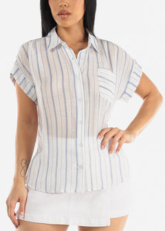 Short Sleeve Button Up Stripe Shirt White & Blue
