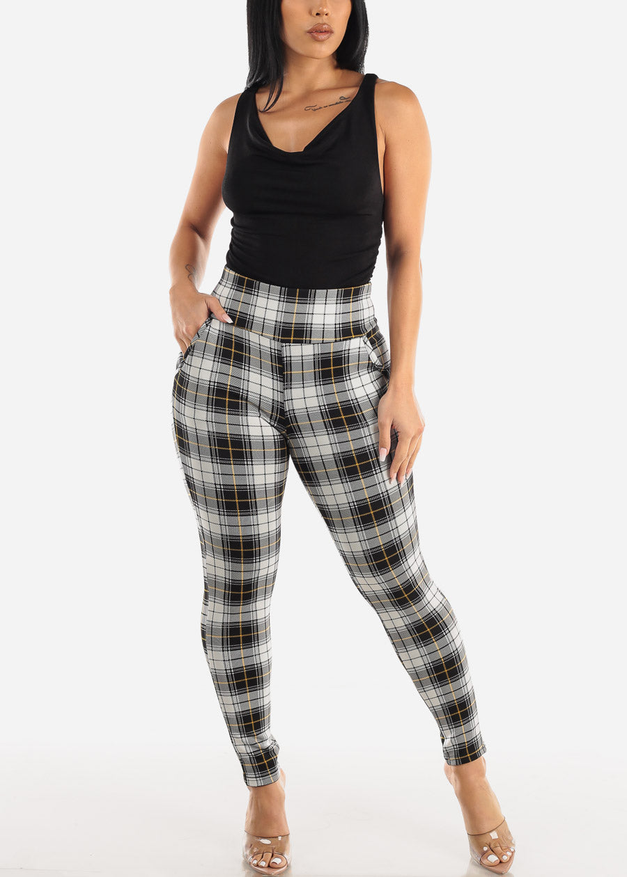 High Waisted Butt Lifting Plaid Skinny Pants White