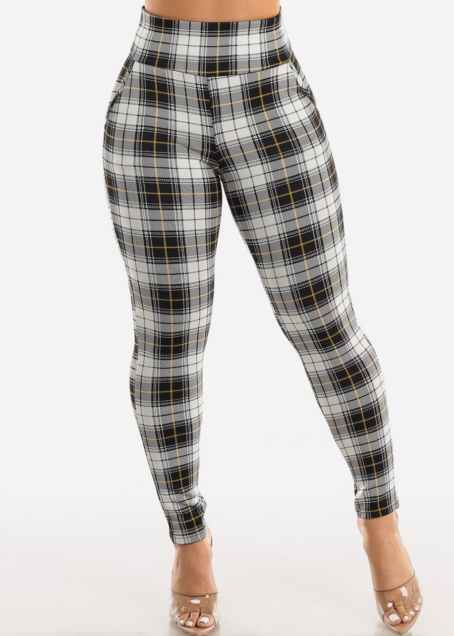 High Waisted Butt Lifting Plaid Skinny Pants White