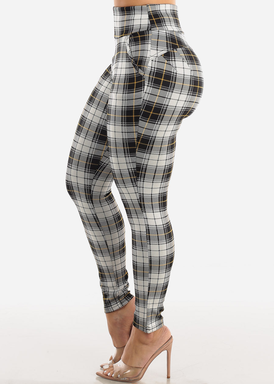 High Waisted Butt Lifting Plaid Skinny Pants White