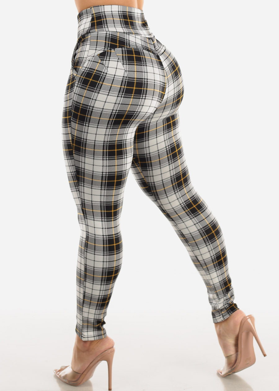 High Waisted Butt Lifting Plaid Skinny Pants White