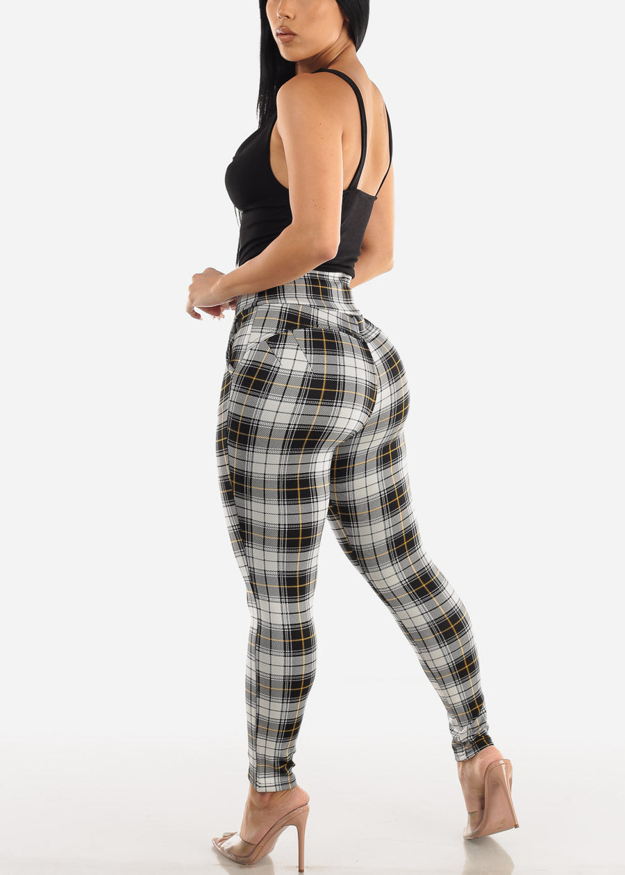 High Waisted Butt Lifting Plaid Skinny Pants White