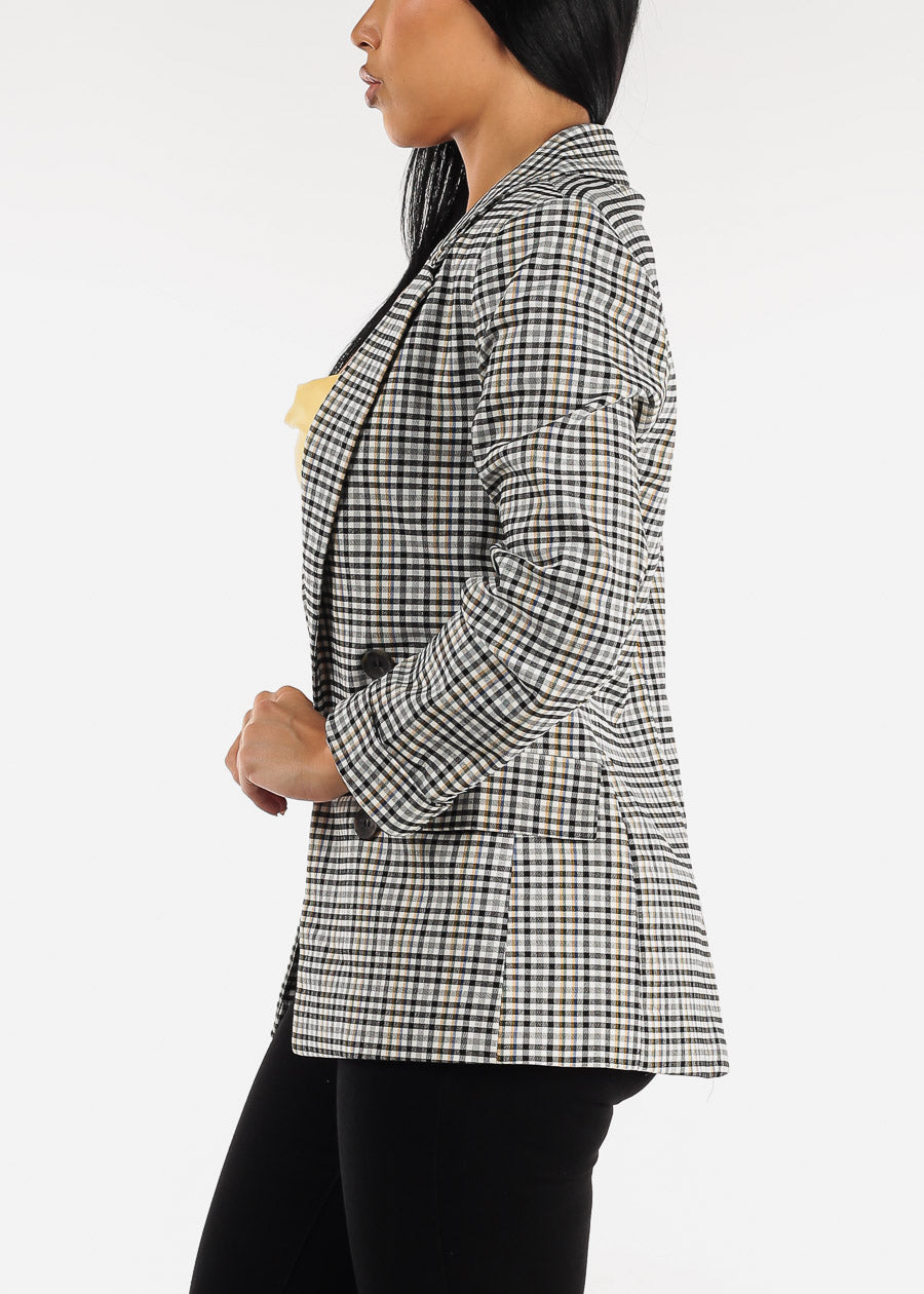 Plaid Open Front Notch Panel Blazer w Cuffed Sleeves