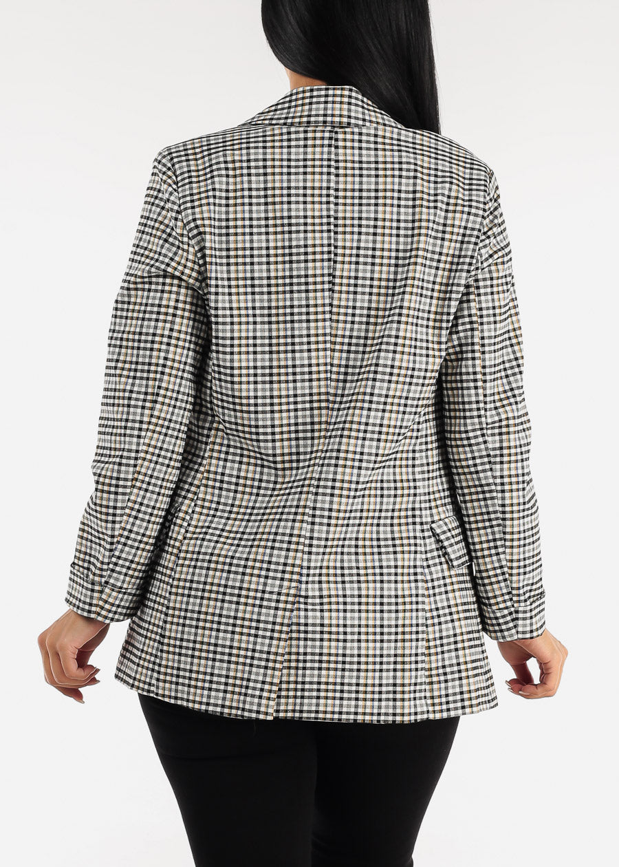 Plaid Open Front Notch Panel Blazer w Cuffed Sleeves