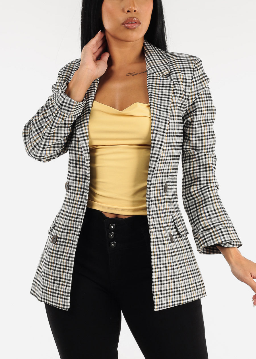 Plaid Open Front Notch Panel Blazer w Cuffed Sleeves