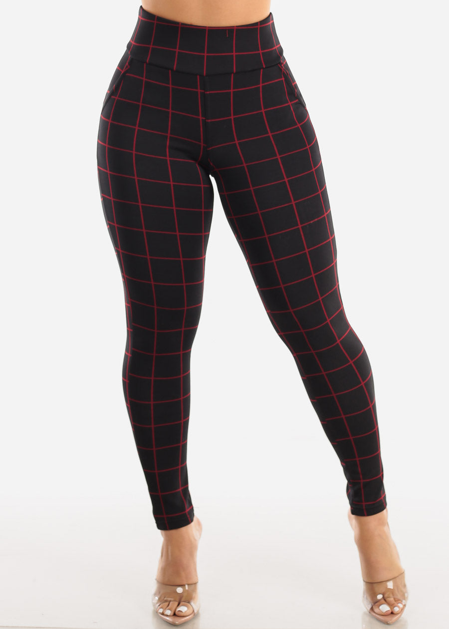 Black High Waisted Butt Lifting Skinny Pants Windowpane