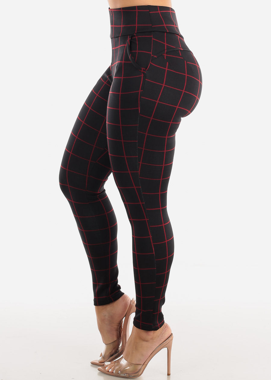 Black High Waisted Butt Lifting Skinny Pants Windowpane