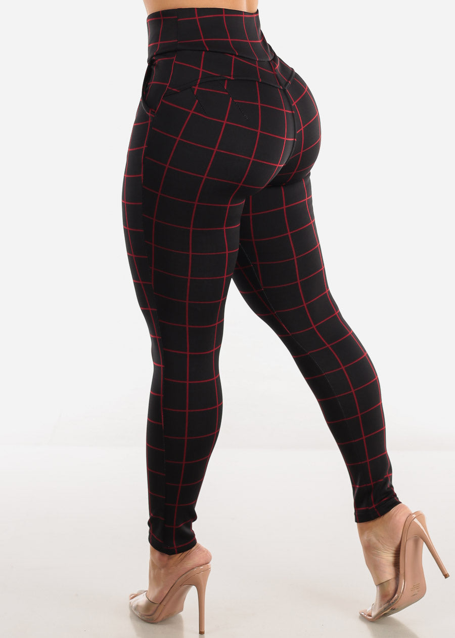 Black High Waisted Butt Lifting Skinny Pants Windowpane