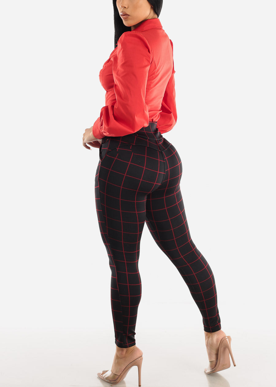 Black High Waisted Butt Lifting Skinny Pants Windowpane