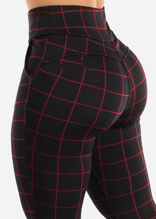 Black High Waisted Butt Lifting Skinny Pants Windowpane