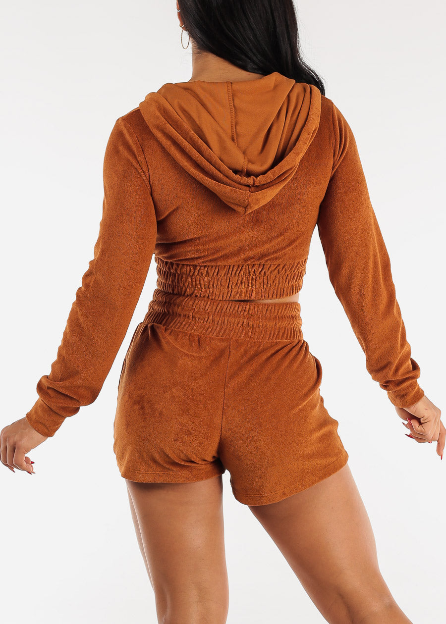 Terry Zip Up Cropped Hoodie & Shorts Neon Brown (2 PCE SET)