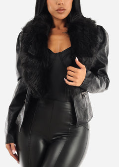 Black Vegan Leather Jacket w Detachable Faux Fur Collar