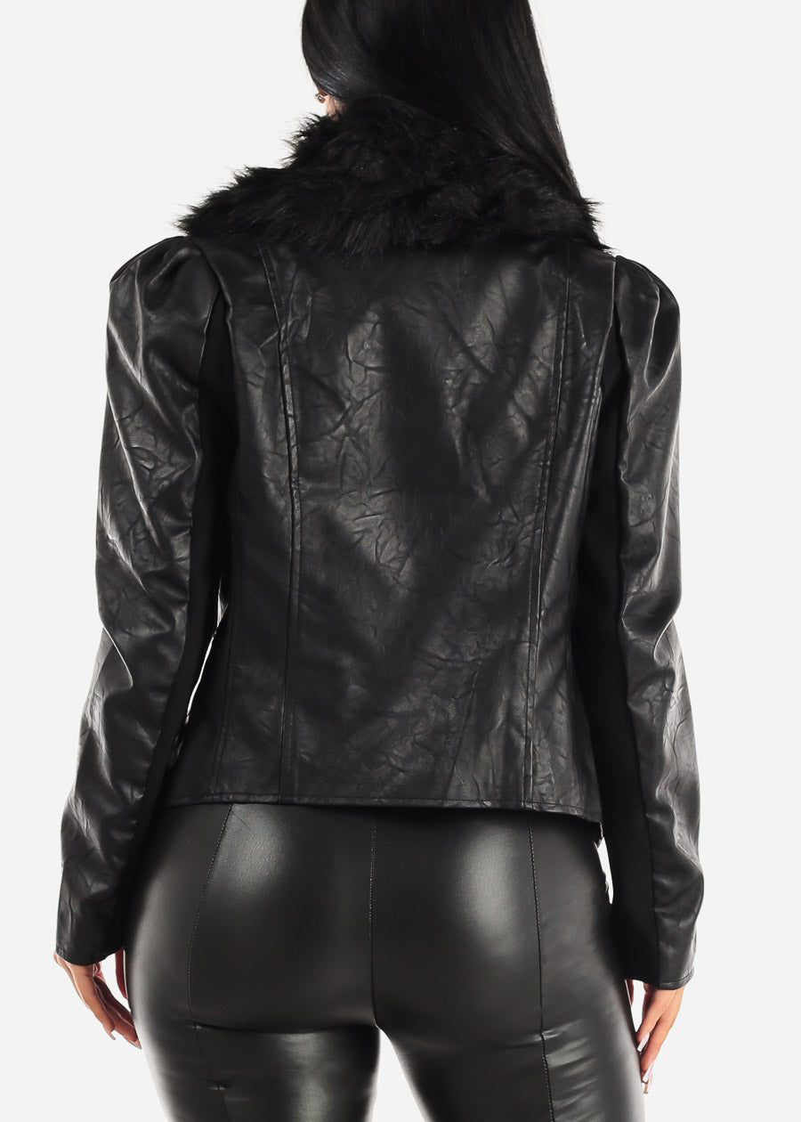 Black Vegan Leather Jacket w Detachable Faux Fur Collar