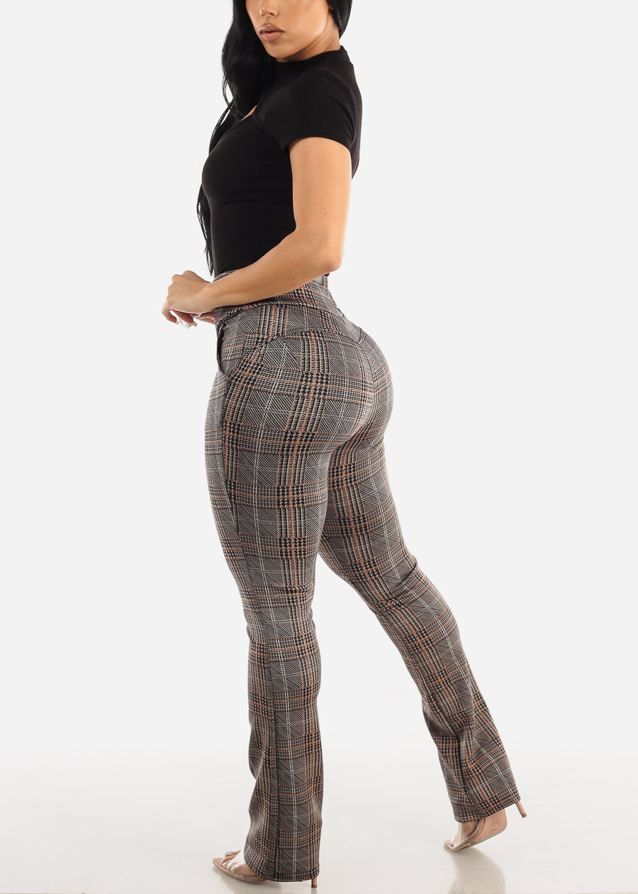 High Waist Butt Lifting Printed Bootcut Pants Brown