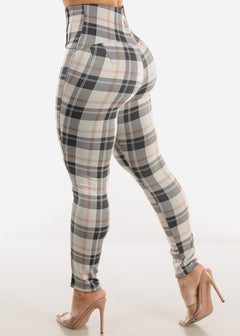 Butt Lifting Plaid Skinny Pants Ivory w Buttons Detail
