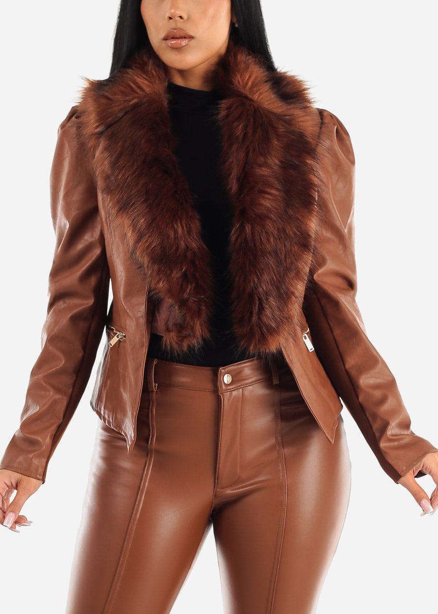 Brown Vegan Leather Jacket w Detachable Faux Fur Collar