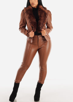 Brown Vegan Leather Jacket w Detachable Faux Fur Collar